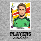Manuel Neuer World Cup Sticker Men's T-Shirt – grey close-up detail shot of the Manuel Neuer World Cup Players Couture logo