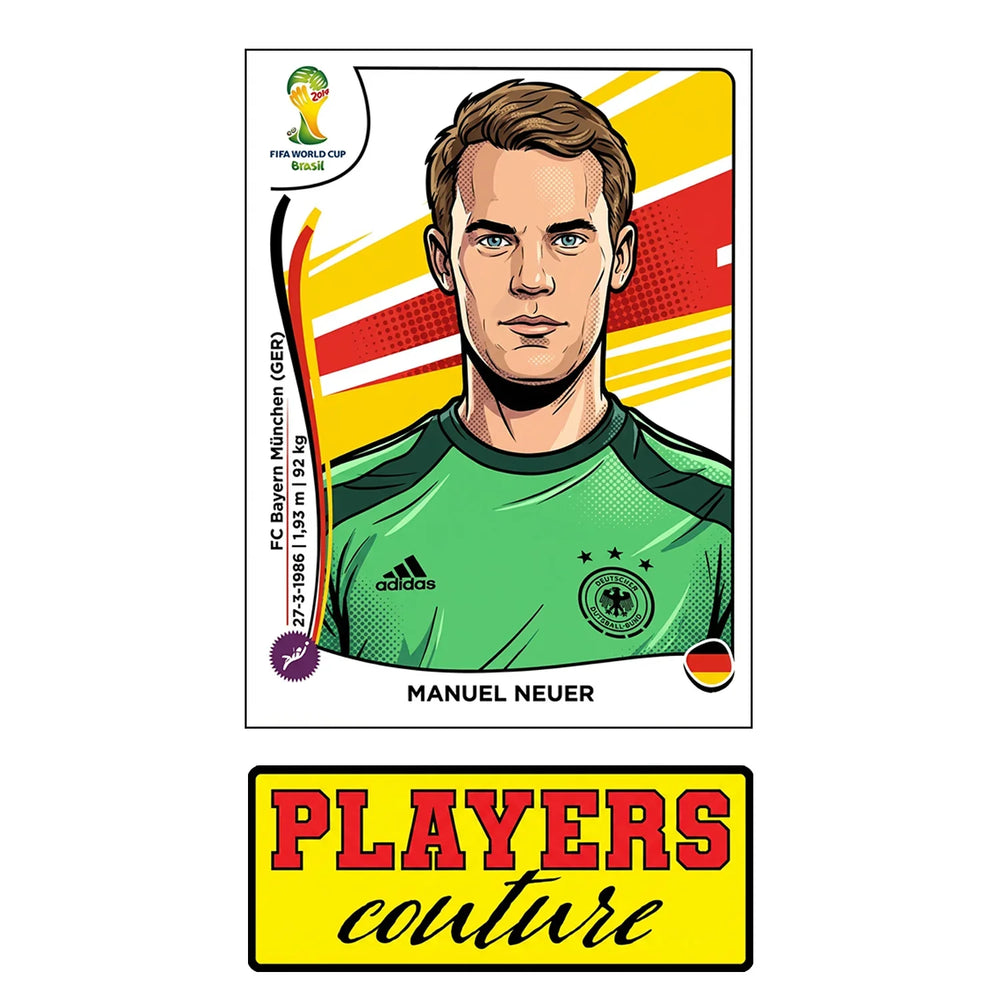 Manuel Neuer World Cup Sticker Men's T-Shirt – close-up detail shot of the Manuel Neuer World Cup Players Couture logo design