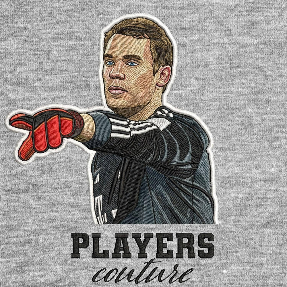 Manuel Neuer Badge Men's Hoodie – grey close-up detail shot of the Manuel Neuer Players Couture logo design