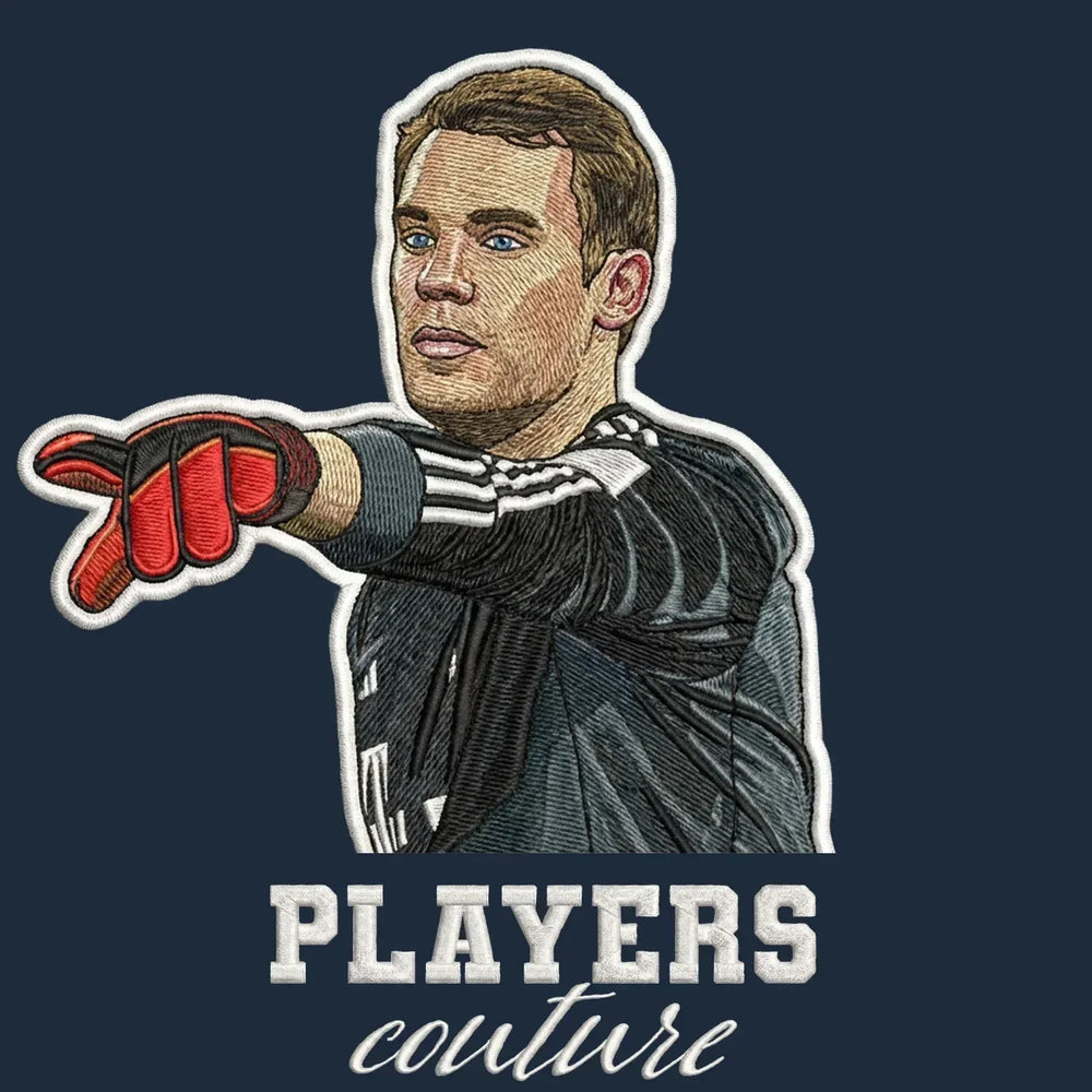 Manuel Neuer Badge Men's Hoodie – navy close-up detail shot of the Manuel Neuer Players Couture logo design