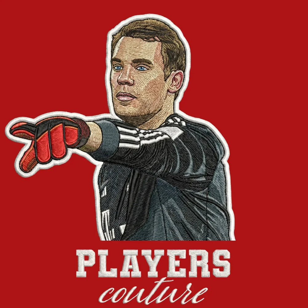 Manuel Neuer Badge Men's Hoodie – red close-up detail shot of the Manuel Neuer Players Couture logo design