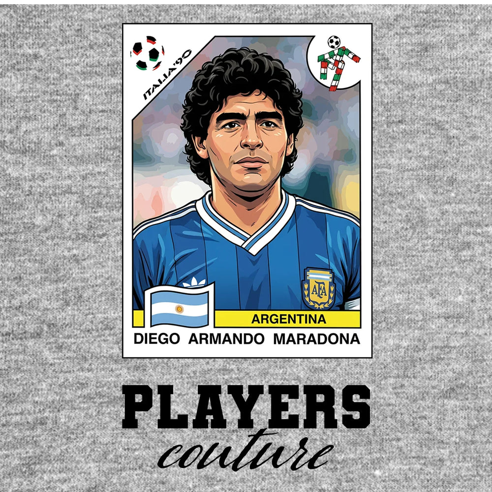 Diego Maradona 1990 Away World Cup Sticker Men's T-Shirt – grey close-up detail shot of the Diego Maradona 1990 Away World
