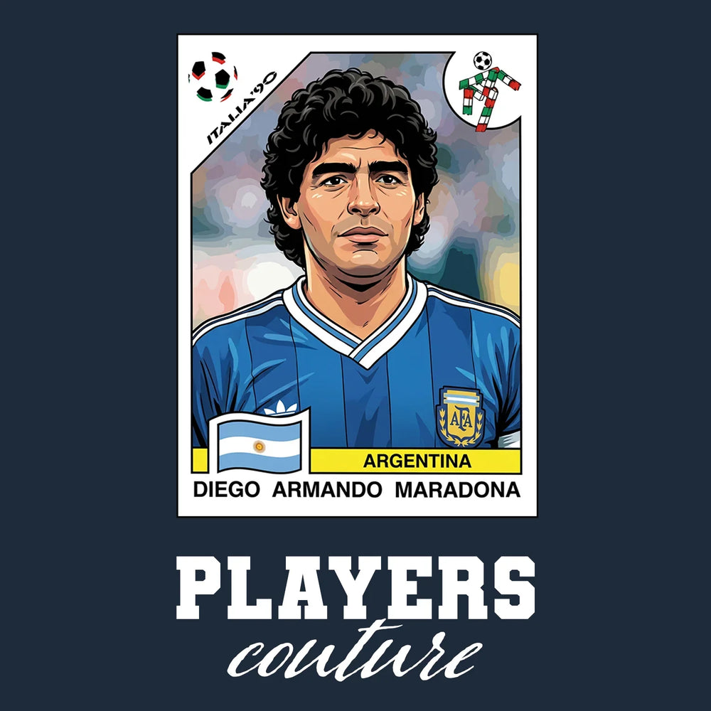 Diego Maradona 1990 Away World Cup Sticker Men's T-Shirt – navy close-up detail shot of the Diego Maradona 1990 Away World