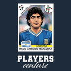 Diego Maradona 1990 Away World Cup Sticker Men's T-Shirt – navy close-up detail shot of the Diego Maradona 1990 Away World