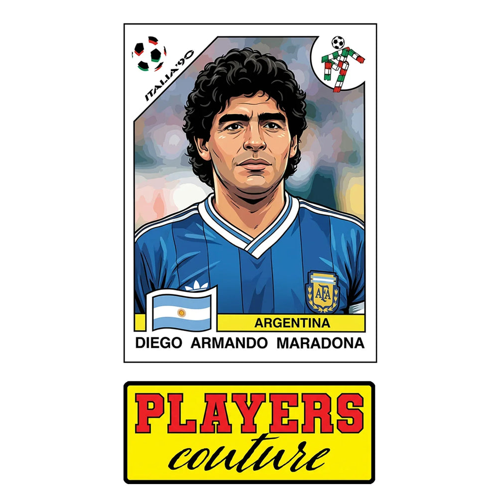 Diego Maradona 1990 Away World Cup Sticker Men's T-Shirt – close-up detail shot of the Diego Maradona 1990 Away World Cup