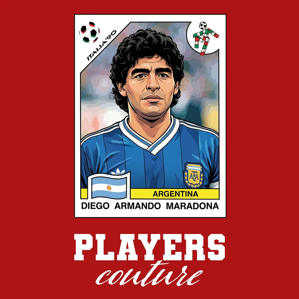 Diego Maradona 1990 Away World Cup Sticker Men's T-Shirt – red close-up detail shot of the Diego Maradona 1990 Away World