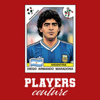 Diego Maradona 1990 Away World Cup Sticker Men's T-Shirt – red close-up detail shot of the Diego Maradona 1990 Away World