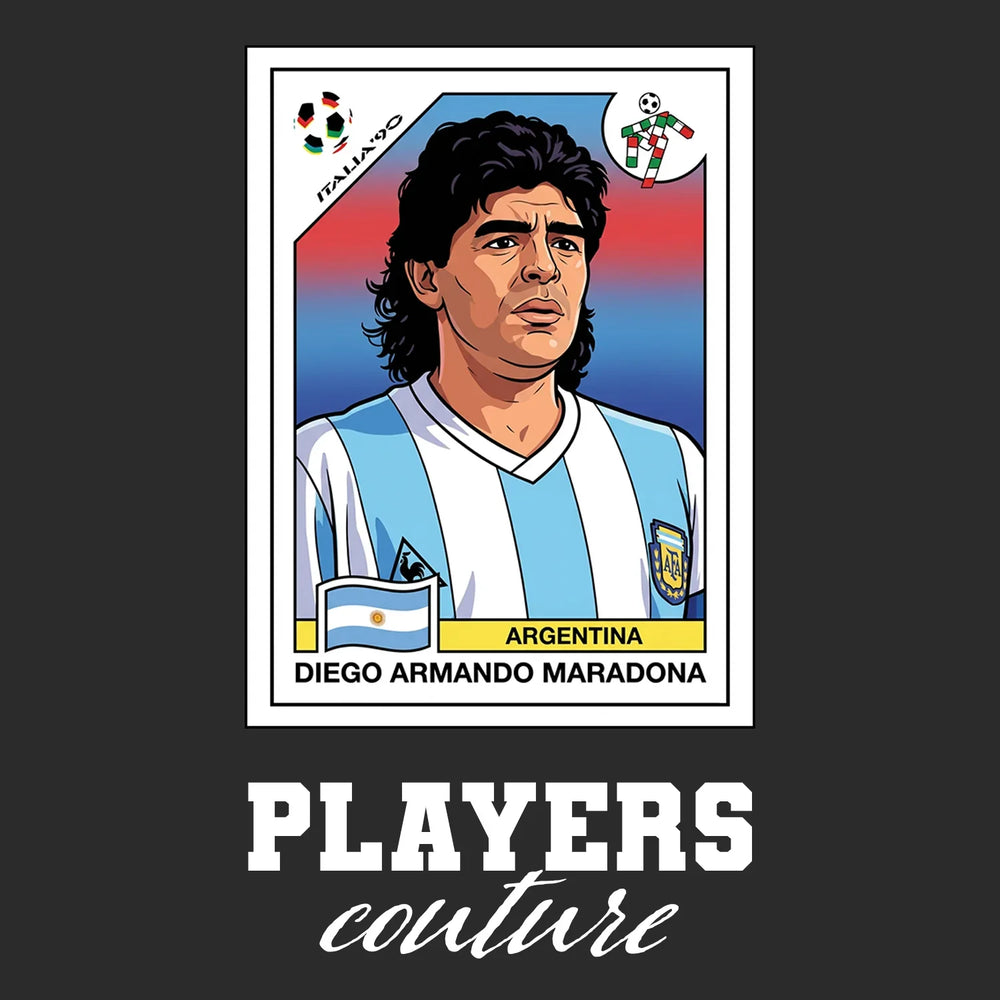 Diego Maradona 1990 Home World Cup Sticker Men's T-Shirt – black close-up detail shot of the Diego Maradona 1990 Home World