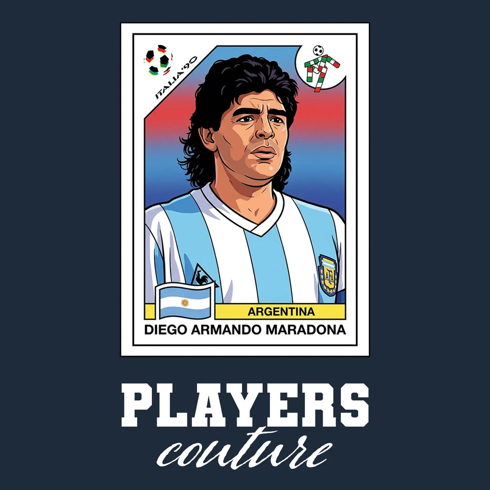 Diego Maradona 1990 Home World Cup Sticker Men's T-Shirt – navy close-up detail shot of the Diego Maradona 1990 Home World