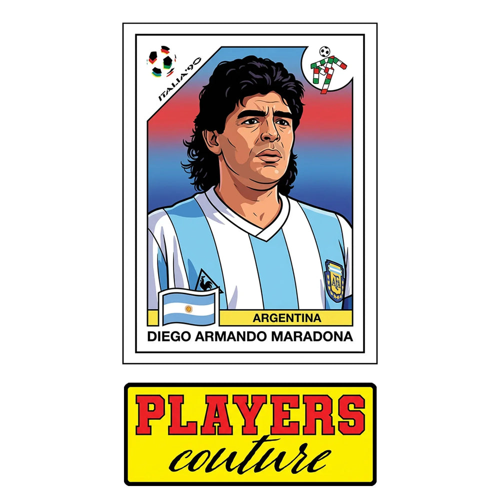 Diego Maradona 1990 Home World Cup Sticker Men's T-Shirt – close-up detail shot of the Diego Maradona 1990 Home World Cup