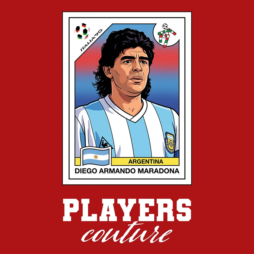Diego Maradona 1990 Home World Cup Sticker Men's T-Shirt – red close-up detail shot of the Diego Maradona 1990 Home World