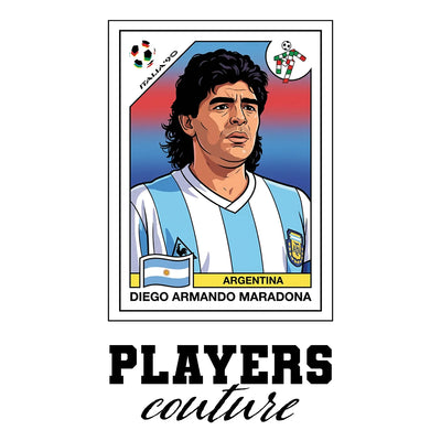 Diego Maradona 1990 Home World Cup Sticker Men's T-Shirt – white close-up detail shot of the Diego Maradona Players Couture