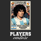 Diego Maradona 1982 World Cup Sticker Men's T-Shirt – black close-up detail shot of the Diego Maradona 1982 World Cup