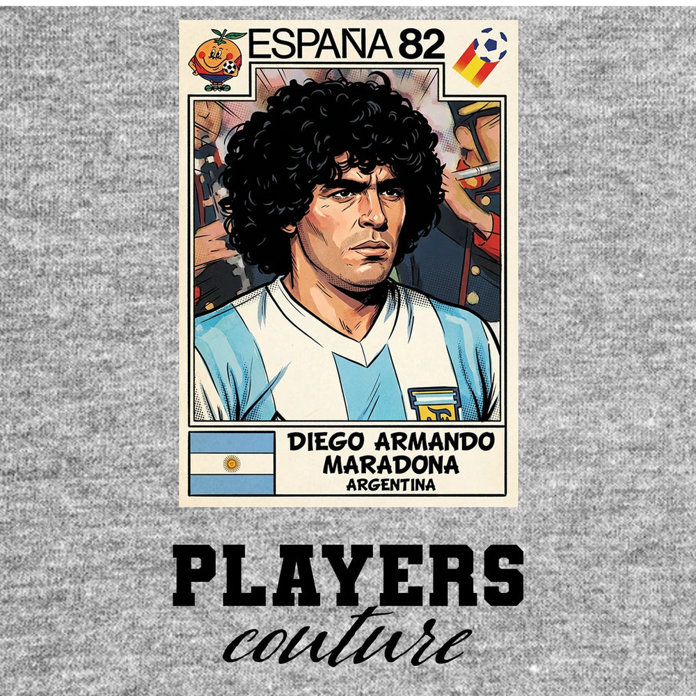 Diego Maradona 1982 World Cup Sticker Men's T-Shirt – grey close-up detail shot of the Diego Maradona 1982 World Cup Players