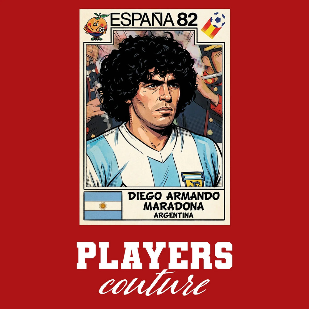Diego Maradona 1982 World Cup Sticker Men's T-Shirt – red close-up detail shot of the Diego Maradona 1982 World Cup Players