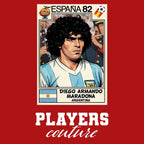 Diego Maradona 1982 World Cup Sticker Men's T-Shirt – red close-up detail shot of the Diego Maradona 1982 World Cup Players