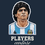 Diego Maradona Badge Men's Hoodie – navy close-up detail shot of the Diego Maradona Players Couture logo design