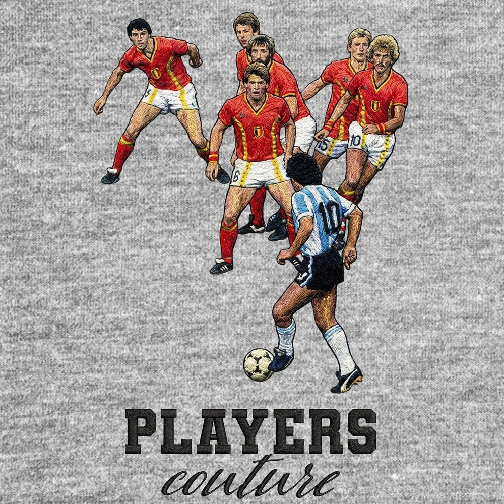 Diego Maradona v Belgium Badge Men's Hoodie – grey close-up detail shot of the Diego Maradona v Belgium Players Couture logo