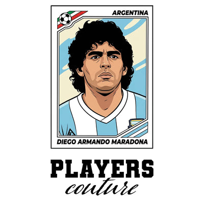 Diego Maradona 1986 World Cup Sticker Men's T-Shirt – close-up detail shot of the Diego Maradona Players Couture logo design