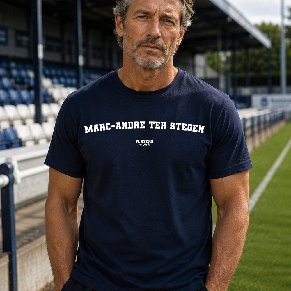 Marc-Andre ter Stegen Men's T-Shirt — lifestyle photo, Navy t-shirt