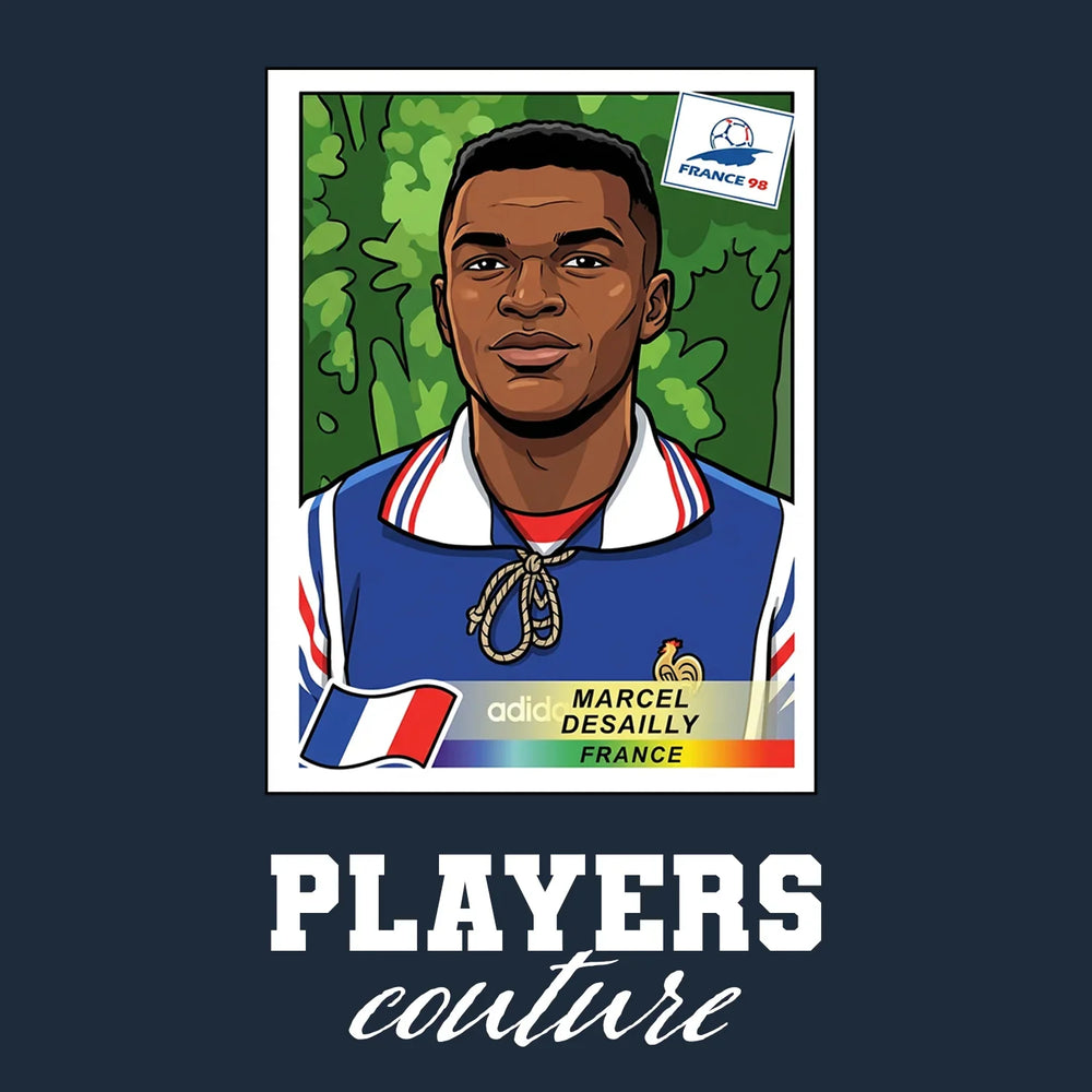 Marcel Desailly World Cup Sticker Men's T-Shirt – navy close-up detail shot of the Marcel Desailly World Cup Players Couture