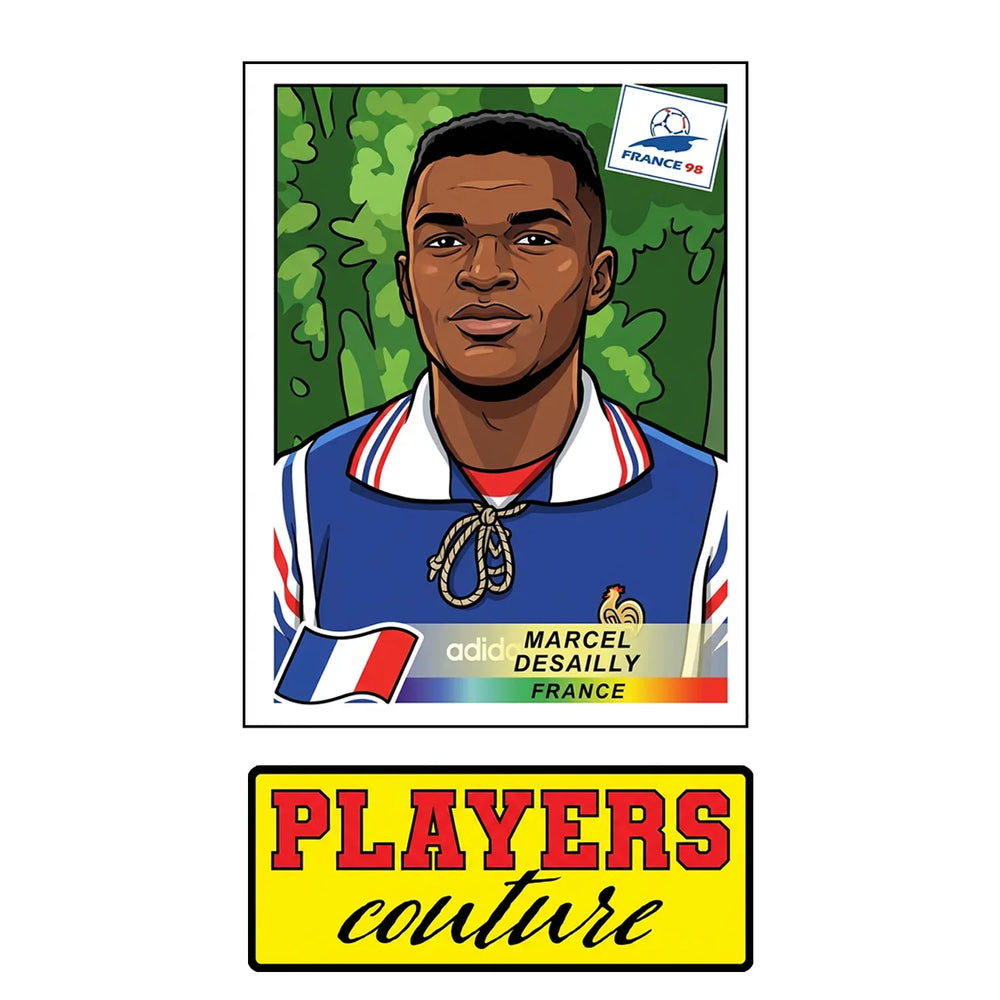 Marcel Desailly World Cup Sticker Men's T-Shirt – close-up detail shot of the Marcel Desailly World Cup Players Couture logo