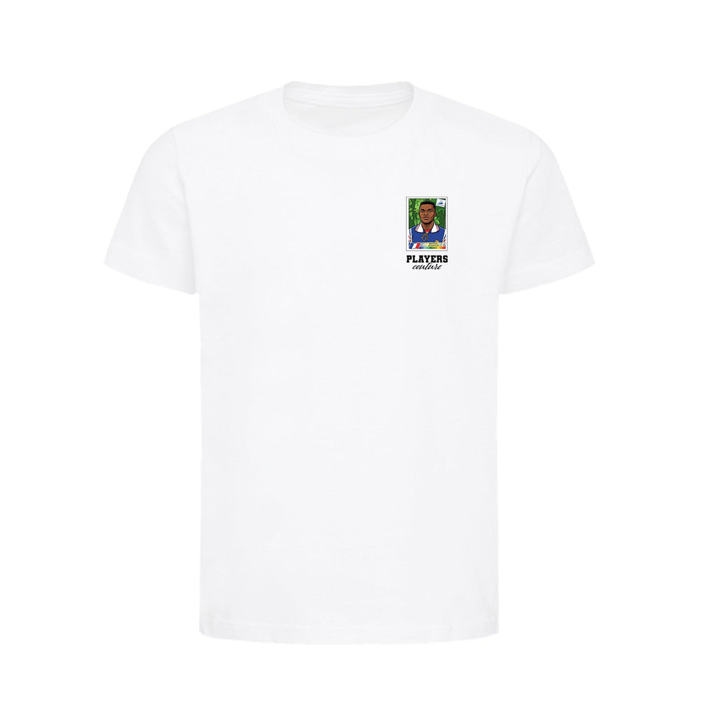 Marcel Desailly World Cup Sticker Kids T-Shirt – marcel desailly sticker kids white tshirt Players Couture design