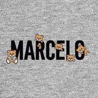 Marcelo Logo Men's T-Shirt – grey close-up detail shot of the Marcelo Players Couture logo design