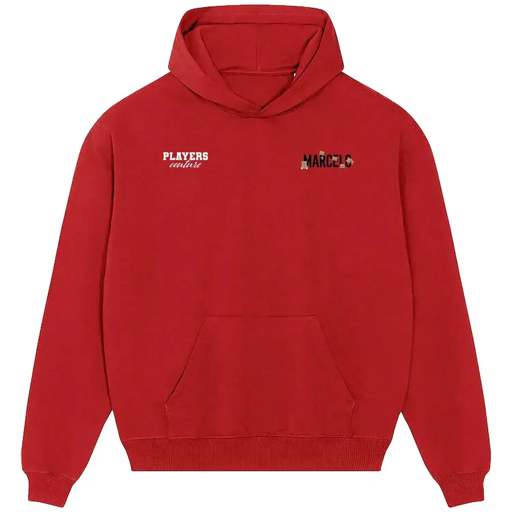 Marcelo hoodie – red men's hoodie featuring the Marcelo Players Couture logo