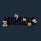 Marcelo Logo Men's T-Shirt – navy close-up detail shot of the Marcelo Players Couture logo design
