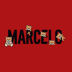 Marcelo Logo Men's T-Shirt – red close-up detail shot of the Marcelo Players Couture logo design