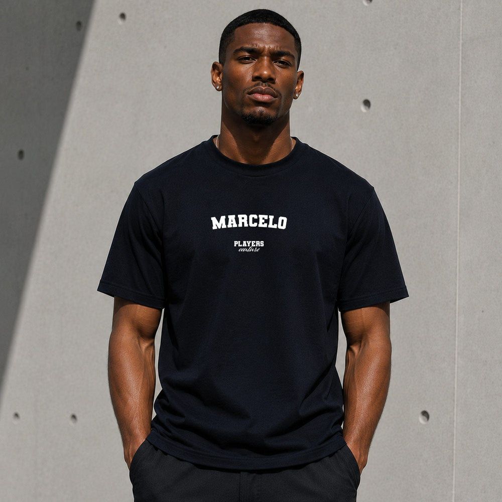 Marcelo Men's T-Shirt — lifestyle photo, Navy t-shirt