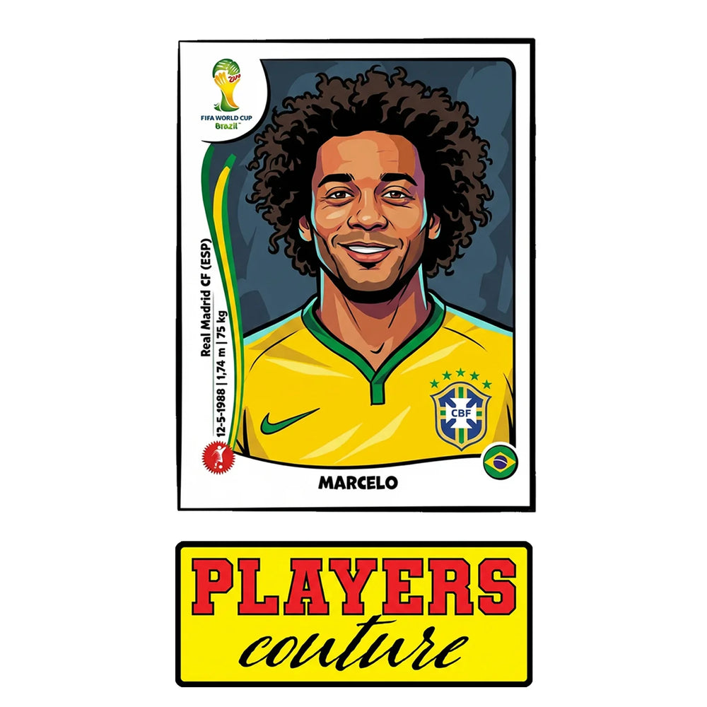 Marcelo World Cup Sticker Men's T-Shirt – close-up detail shot of the Marcelo World Cup Players Couture logo design
