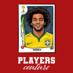 Marcelo World Cup Sticker Men's T-Shirt – red close-up detail shot of the Marcelo World Cup Players Couture logo design