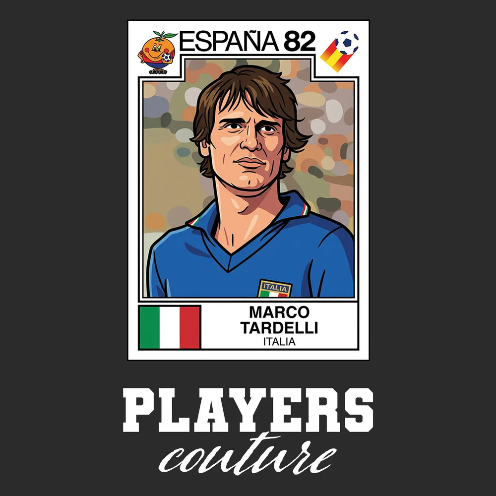 Marco Tardelli World Cup Sticker Men's T-Shirt – black close-up detail shot of the Marco Tardelli World Cup Players Couture