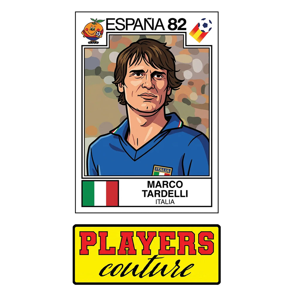 Marco Tardelli World Cup Sticker Men's T-Shirt – close-up detail shot of the Marco Tardelli World Cup Players Couture logo