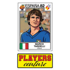Marco Tardelli World Cup Sticker Men's T-Shirt – close-up detail shot of the Marco Tardelli World Cup Players Couture logo