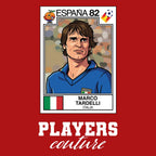 Marco Tardelli World Cup Sticker Men's T-Shirt – red close-up detail shot of the Marco Tardelli World Cup Players Couture