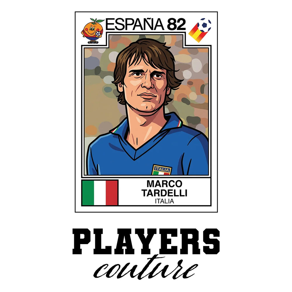 Marco Tardelli World Cup Sticker Men's T-Shirt – white close-up detail shot of the Marco Tardelli Players Couture logo design