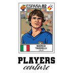 Marco Tardelli World Cup Sticker Men's T-Shirt – white close-up detail shot of the Marco Tardelli Players Couture logo design