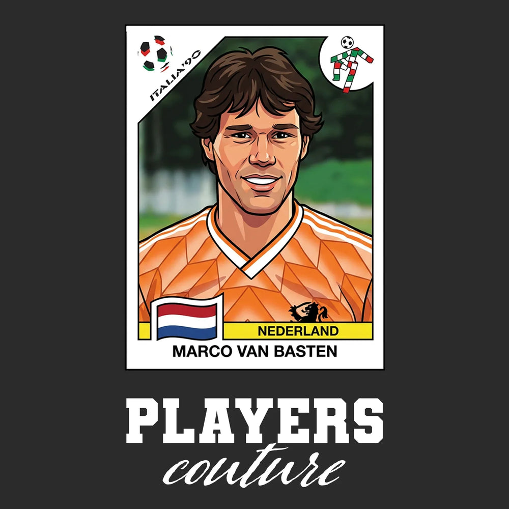 Marco Van Basten World Cup Sticker Men's T-Shirt – black close-up detail shot of the Marco Van Basten World Cup Players