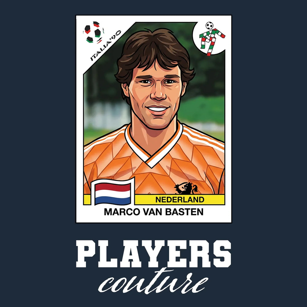 Marco Van Basten World Cup Sticker Men's T-Shirt – navy close-up detail shot of the Marco Van Basten World Cup Players
