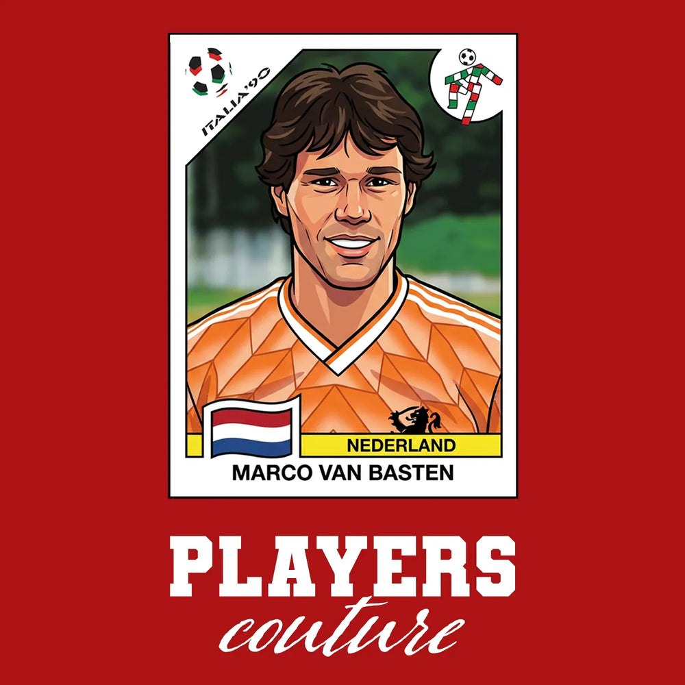 Marco Van Basten World Cup Sticker Men's T-Shirt – red close-up detail shot of the Marco Van Basten World Cup Players