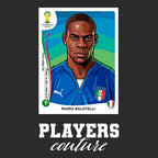 Mario Balotelli World Cup Sticker Men's T-Shirt – black close-up detail shot of the Mario Balotelli World Cup Players
