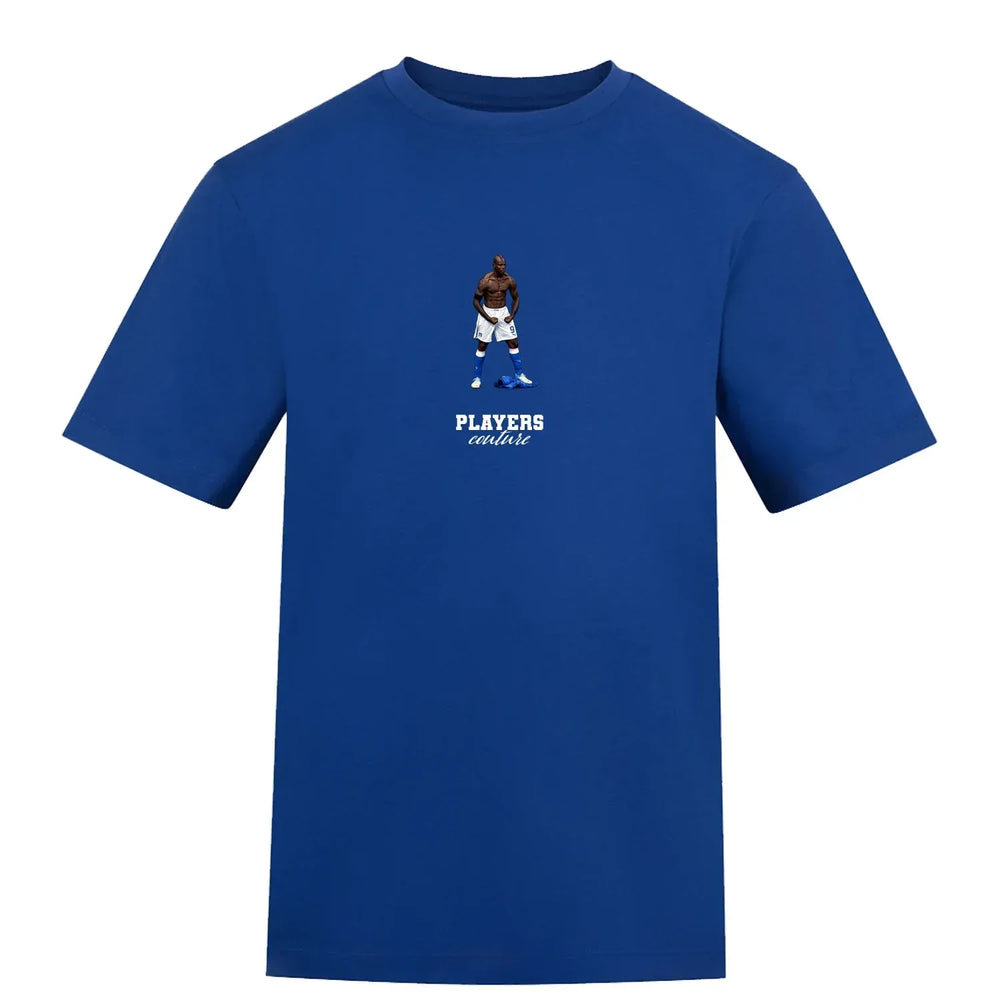 Mario Balotelli Icon t-shirt – blue men's t-shirt with white Mario Balotelli Icon letters and Players Couture logo on the