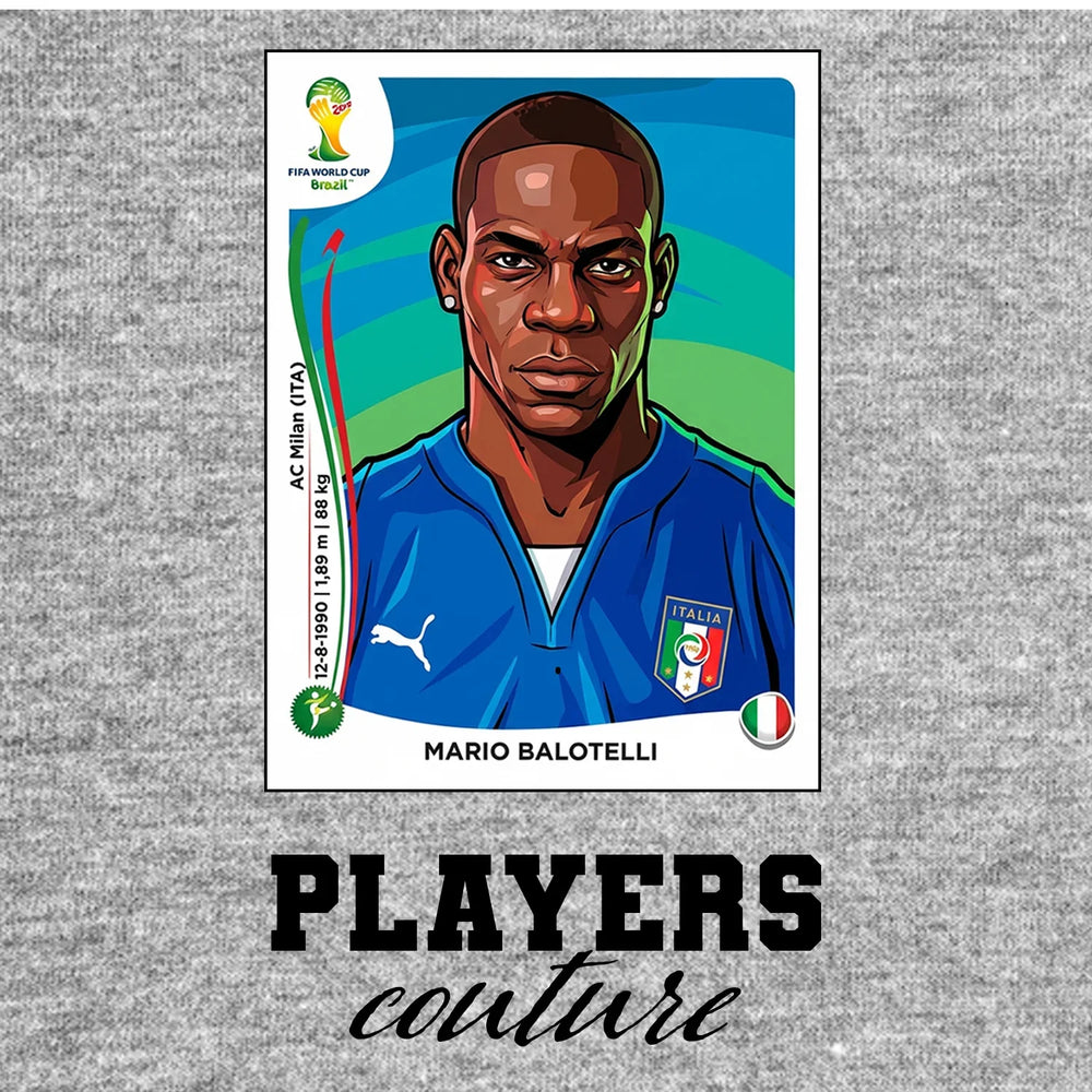 Mario Balotelli World Cup Sticker Men's T-Shirt – grey close-up detail shot of the Mario Balotelli World Cup Players Couture
