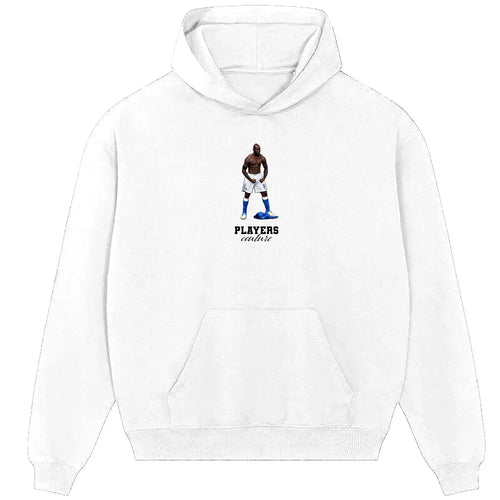 Mario Balotelli hoodie – white men's hoodie with black Mario Balotelli letters and Players Couture logo on the chest