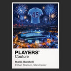 Mario Balotelli Manchester City number 45 Icons in Lights Frame artwork with fireworks in black