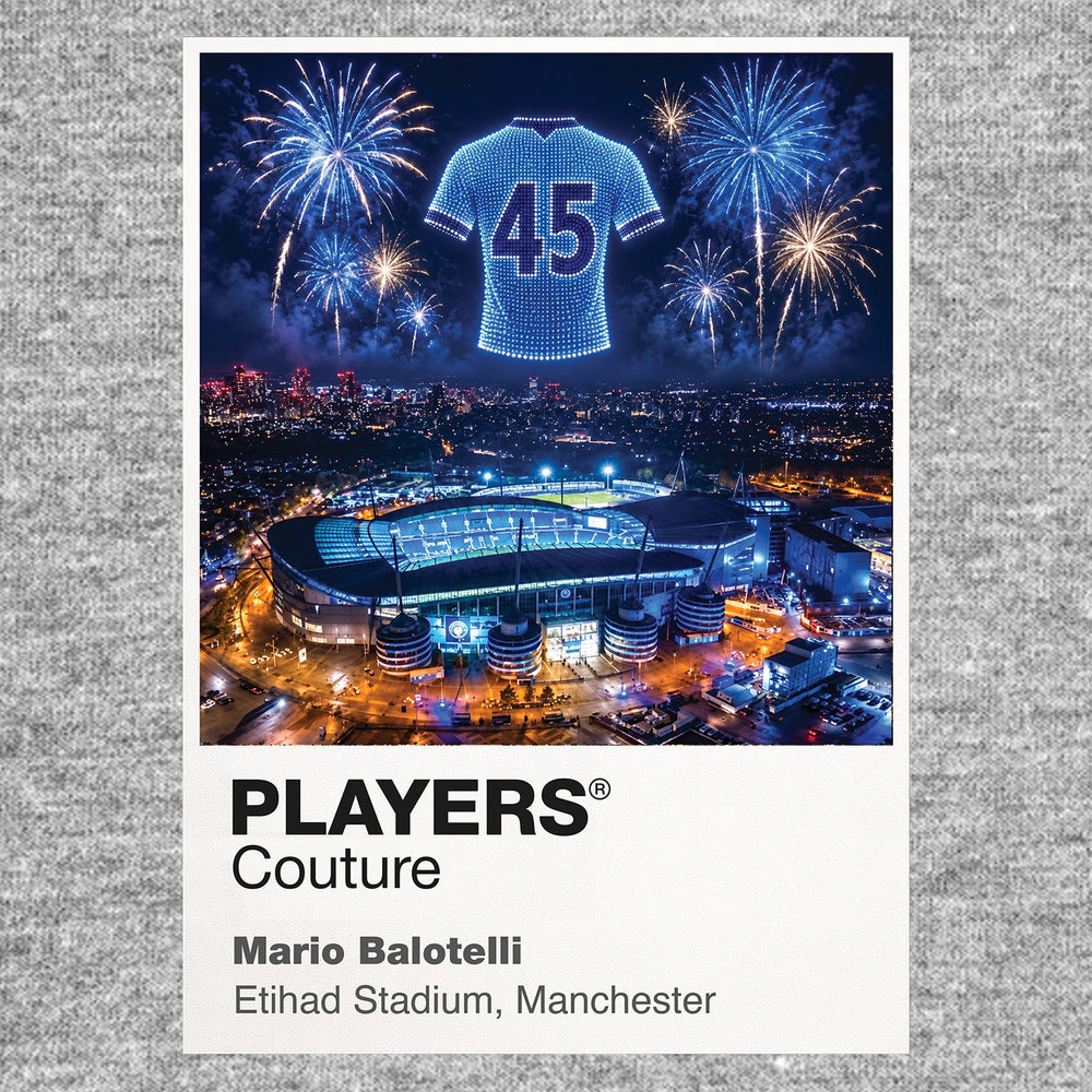 Mario Balotelli Manchester City number 45 Icons in Lights Frame artwork with fireworks in grey