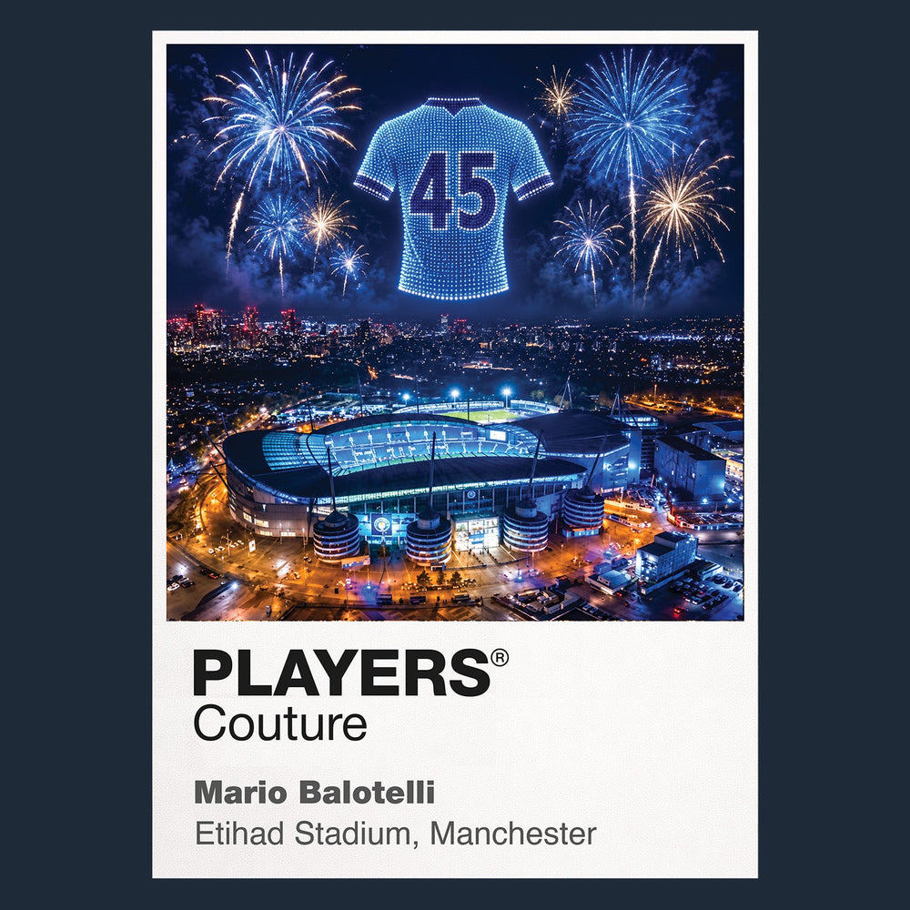 Mario Balotelli Manchester City number 45 Icons in Lights Frame artwork with fireworks in navy